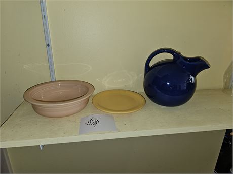 Fiestaware Pink Bowl / Yellow Saucer & Unmarked Cobalt Blue Ball Pitcher