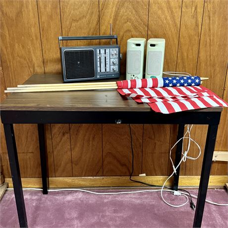 Mixed Lot - GE Portable AM/FM Radio, Computer Speakers, Contract Table, Flags