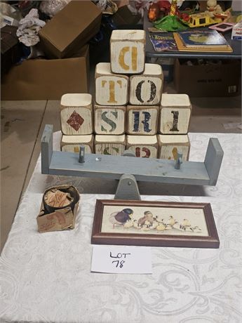 Decorative Primitive Style Wood Blocks, "The Kids" Duck Print, Vintage Slinky &