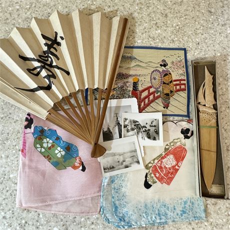 Collection of WWII Era Asian Souvenir Items - Fan, Handkerchiefs and More