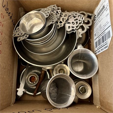 Primitive Style Pewter Box Lot w/ Porringer Bowls, Candle Holders & More