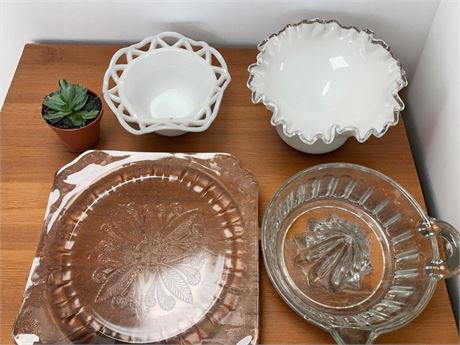 Jeanette Glass Plate, Imperial Milk Glass, Fenton, Hocking Glass Lot