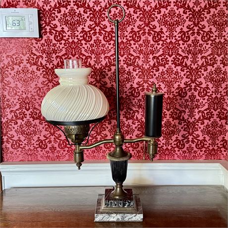 Early American Brass and Marble Student Lamp w/ Milk Glass Shade