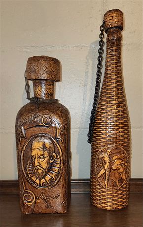 Spanish Hand Tooled Leather, Wicker Wrapped Decanters