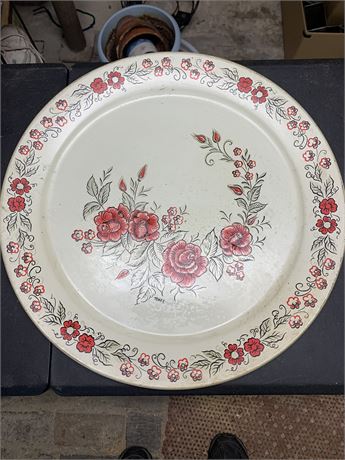 Vintage Maxey Round Metal Red Rose Pattern White Serving Tray