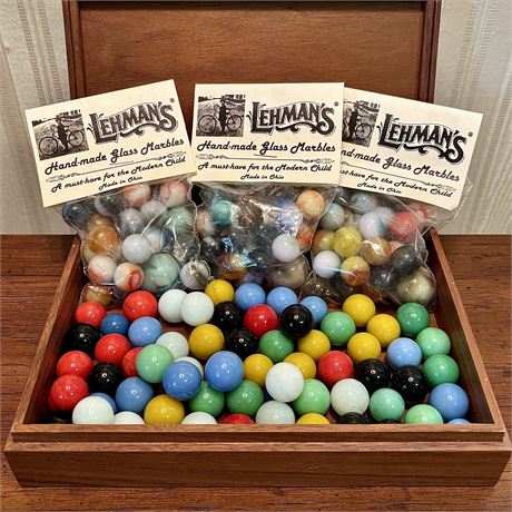 Collection of Vintage Marbles and Wood Storage Box