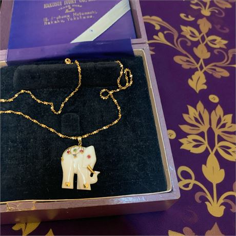 Hakusui Ivory Company Inc. Carved Elephant Pendant Necklace W/Gemstone Accents