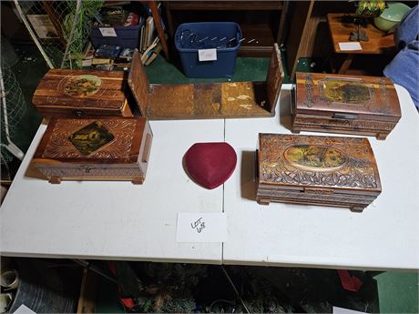 Mixed Carved Wood Jewelry Box Lot + Vintage Heart Velvet Deltah Necklace Box