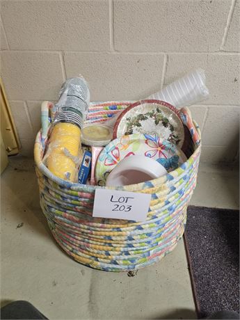 Large Woven Basket Of Party Supplies, Cups, Plates & More