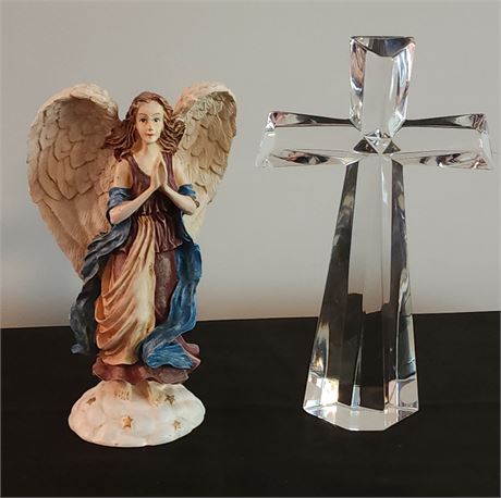 Princess House Resin Angel Candlestick Holder & Bohemian Crystal Cross