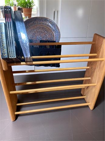 Wood Storage Rack With DVDs and Miscellaneous Items