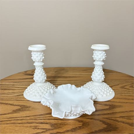 Vintage Fenton Hobnail Milk Glass Candle Holders and Ashtray