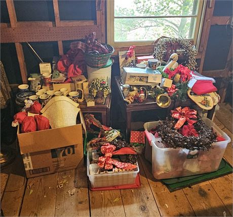 Large Mixed Christmas Lot: Wreaths, Lights, Ornaments, Mugs & More