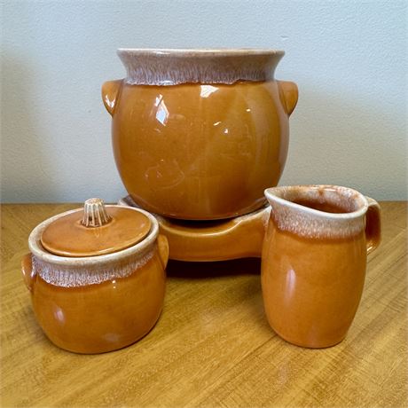 1960's Hull Pottery Tangerine Orange Cream/Sugar Dishes, Fondue Pot