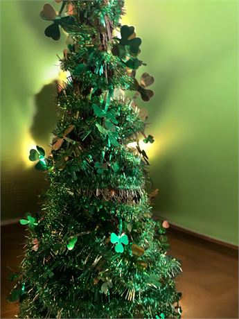 Small Irish Green Christmas Tree - Decorated Green Garland W/Four-Leaf Clovers