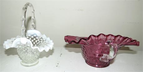 Fenton Hobnail Glass Basket, Cranberry Ruffed Dish