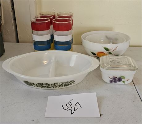 Vintage Fireking Bowls, Glassbake Dish & Primary Colors Drinking Glasses