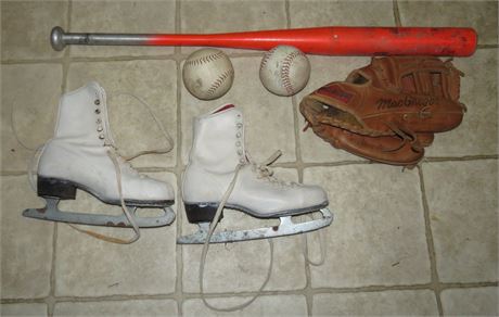 Baseball Glove, Bat, Softballs, Ice Skates