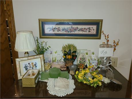 Mixed Home Decor Lot : Floral / Small Table Lamp / Wall Art / Glass & More