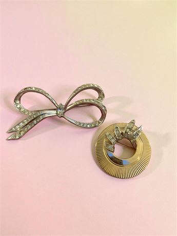 1940s Marcel Boucher Rhinestone Silver Tone Bow Brooch #2432