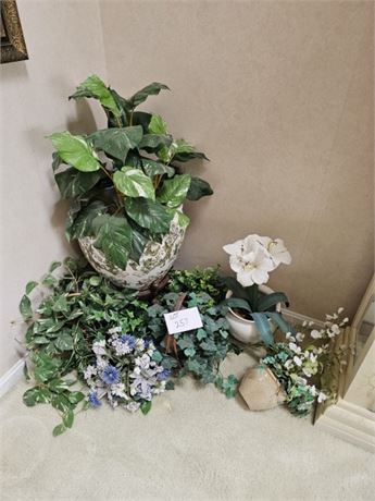 Large Asian Inspired Flower Pot & Stand / Faux Floral & Greenery