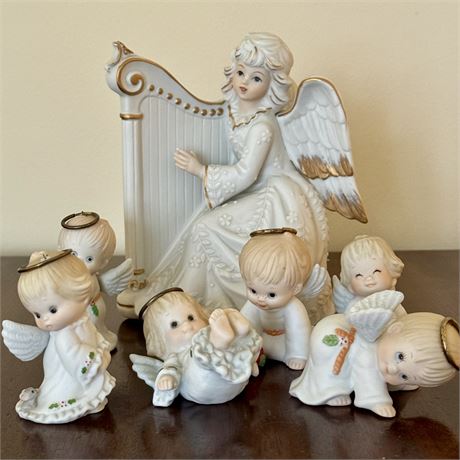 Vintage Enesco Small Porcelain Angel Figurines & Musical Angel Figurine