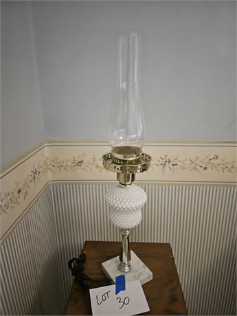 Vintage White Milk Glass & Marble Base Chimney Lamp