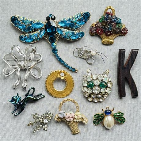 Mixed Brooch Lot - HUGE Dragonfly, Antique, MFA, Rhinestone....