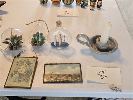 Ship in a Bottle/Faux Botanical Hanging Glass Ornaments/Vintage Post Cards+More