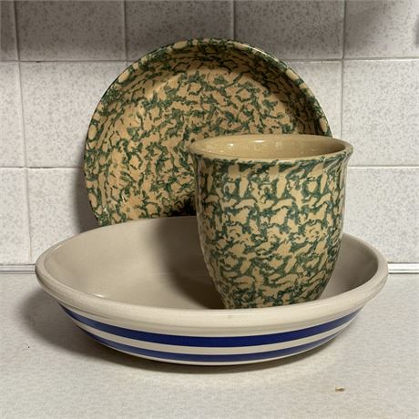 RRP Roseville Pasta Bowl and Green Spongeware Pieces