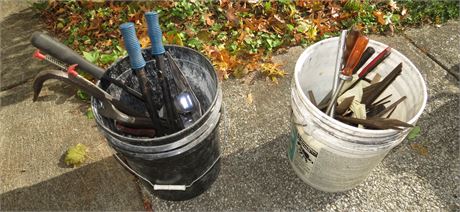 2 Buckets of Assorted Tools: Files, Hammers, Etc