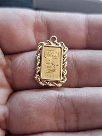 1g Fine Gold 999.9 Credit Suisse Gold Bar Pendant – 1.5 dwt