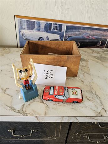 Vintage Fire Chief Tin Friction Car & Disney Mickey Mouse Flip Toy