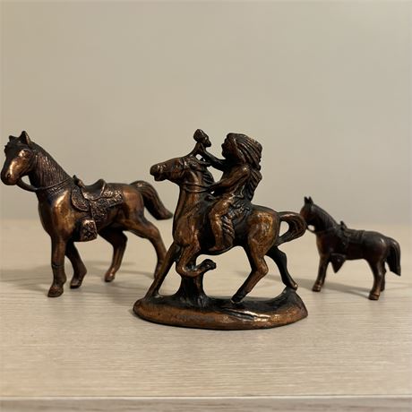 Metal Horse Figurines w/ Native American Holding Tomahawk (3.5"T)