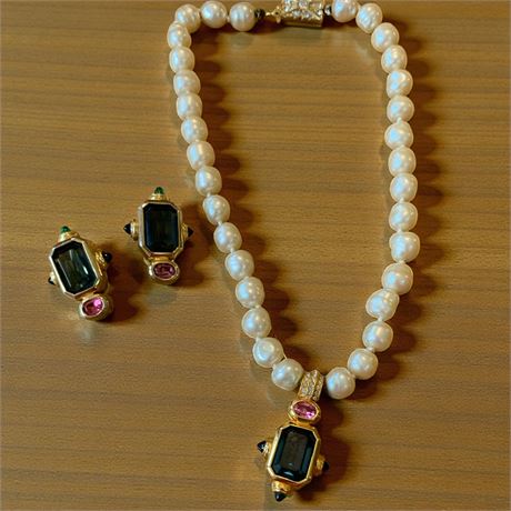 Faux Pearl Necklace W/Dark Blue Square Pendant & Pink Accents, Matching Clip Ons