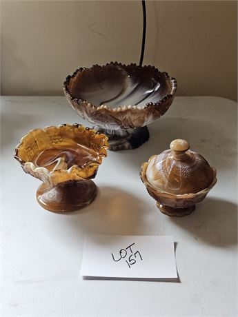 Imperial Glass Caramel Slag Glass Centerpiece, Footed Candy & Lidded Candy
