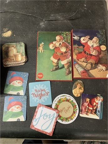 Vintage Cocoa Cola Christmas Cards & Coasters Lot Santa & Snowman