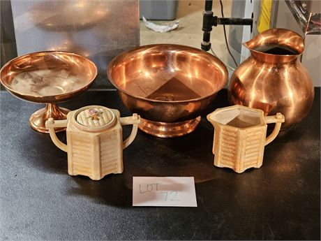 Copper Pitcher / Compote & Bowl + Japan Ceramic Bamboo Pattern Creamer & Sugar