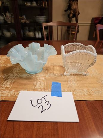 Light Blue Beaded Ruffled Glass Bowl & Northwood Alaska Clear & Opalescent Bowl