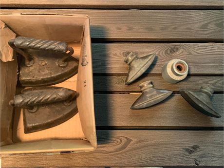 Antique Cast Iron Sad/Flat Irons & Vintage Sherman Sprinkler Heads, Pulley