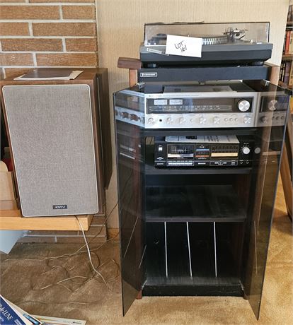 Kenwood Turntable, Receiver, Sanyo Cassette Player, Advent/ l Speakers & Cabinet