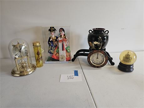 Mixed Decor Lot: Asian Dolls/Vase/Snow Globe & More