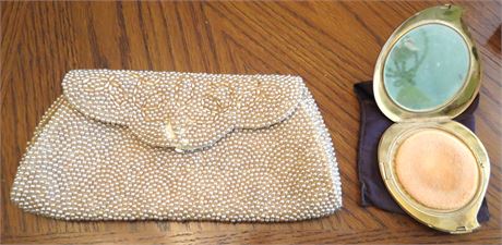 Vintage Elgin Gold Tone Compact, Beaded Clutch