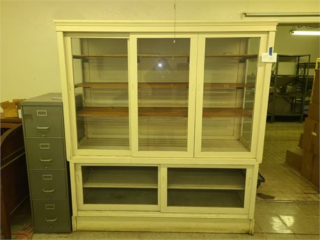 Antique Painted Wood Store Display Cabinet with Sliding Glass Doors (2 Pieces)