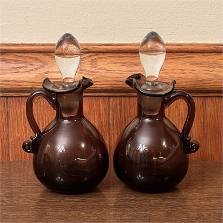 Vintage Coffee Colored Blown Glass Cruets Pair - 6.25"T