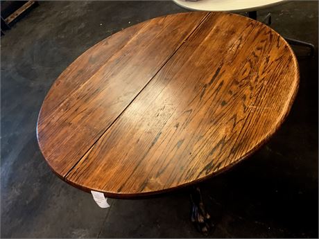 Round Oak Colored Masonite Pedestal Table W/Metal Claw Foot Base