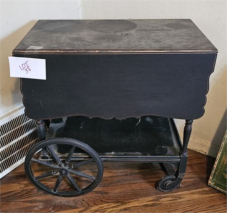 Vintage Painted Wood Tea Cart With Fold Down Sides