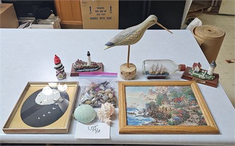 Mixed Nautical Lot- Lighthouse Figures, Polished Rocks, Wood Sandpiper Sculpture