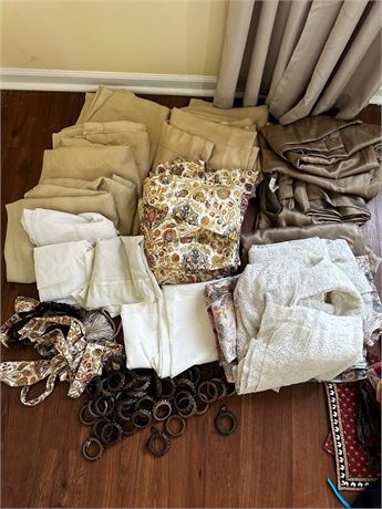 Large lot of curtain panels and curtain clips
