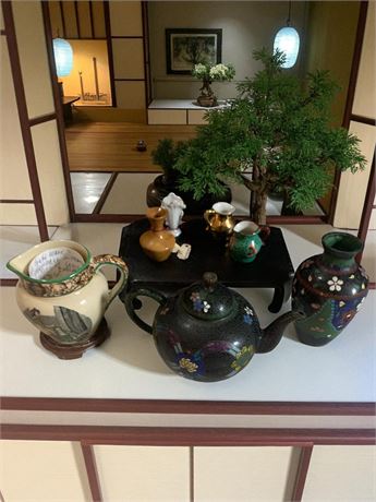 Mini Cloisonné Vase & Teapot, Adams Cries of London Pitcher, Small Wooden Tray